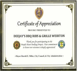 Purple Heart Certificate DeeJays BBQ 2024