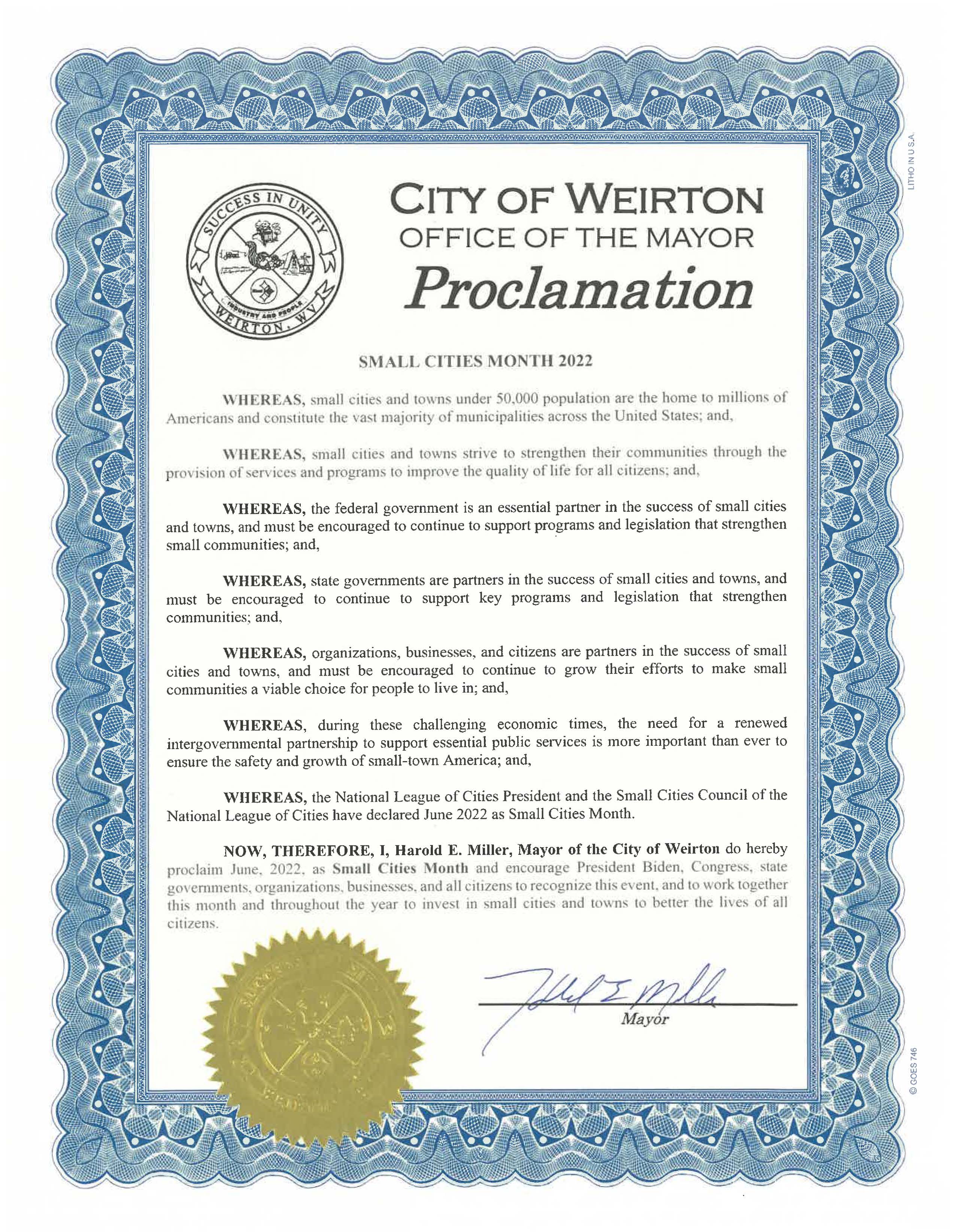 Small Cities Month Proclamation 2022