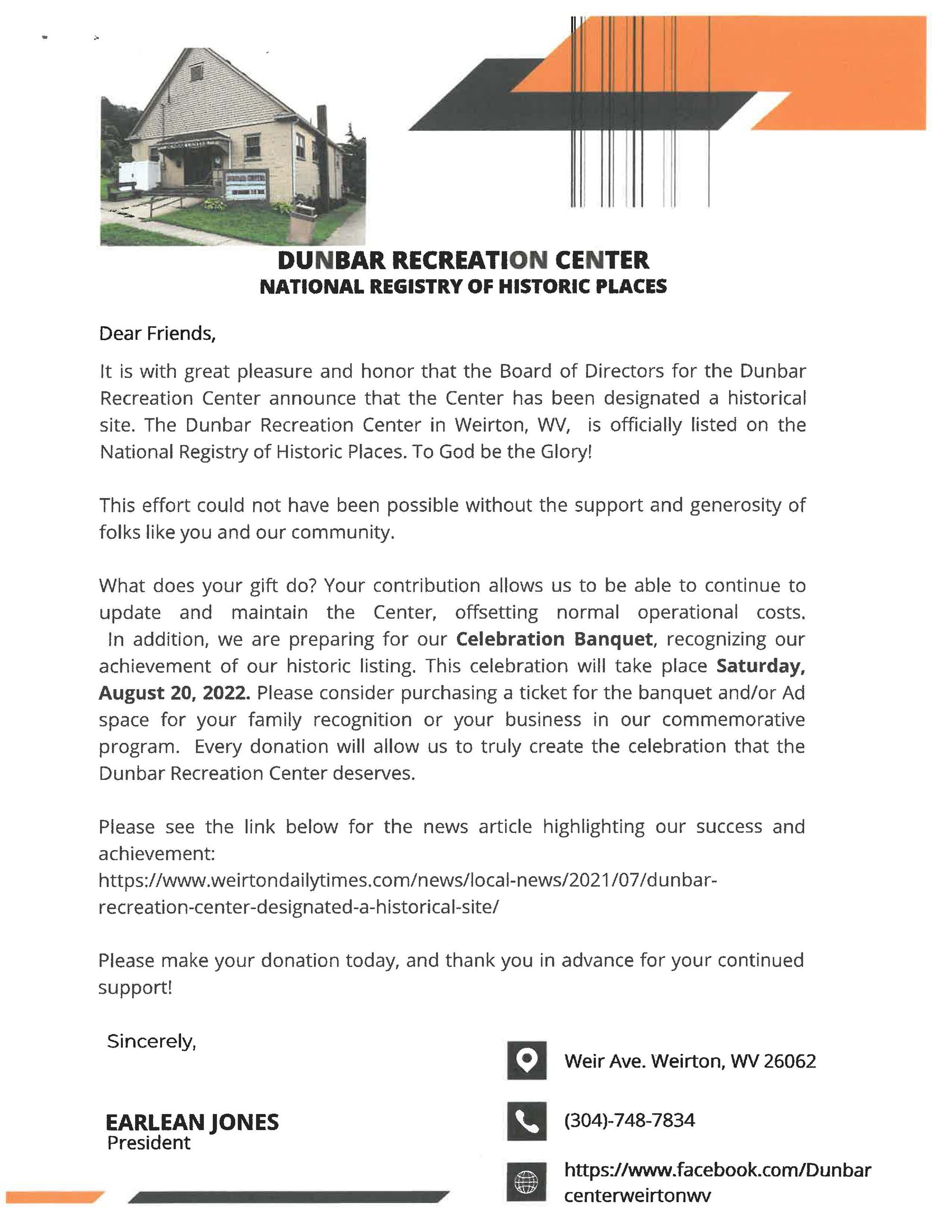 Dunbar Recreation Center - National Registry of Historic Places LetterDonation Request pdf_Page_1