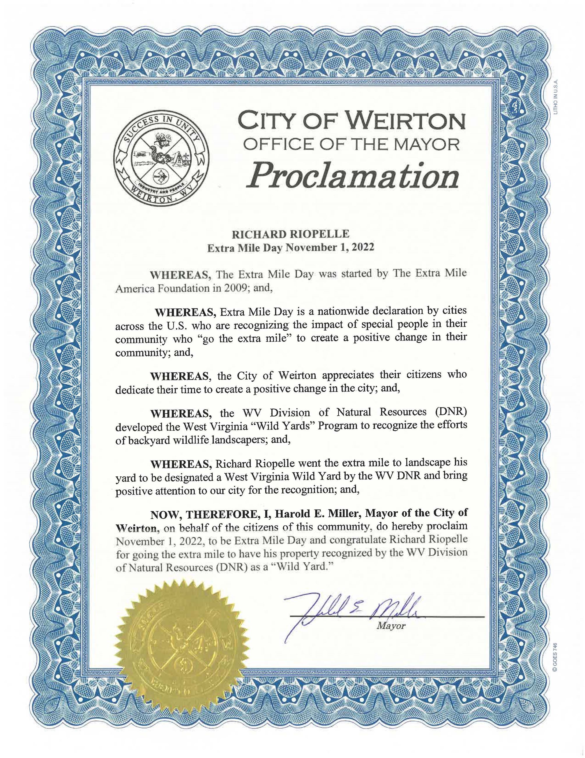 Proclamation Extra Mile Richard Riopelle 2022