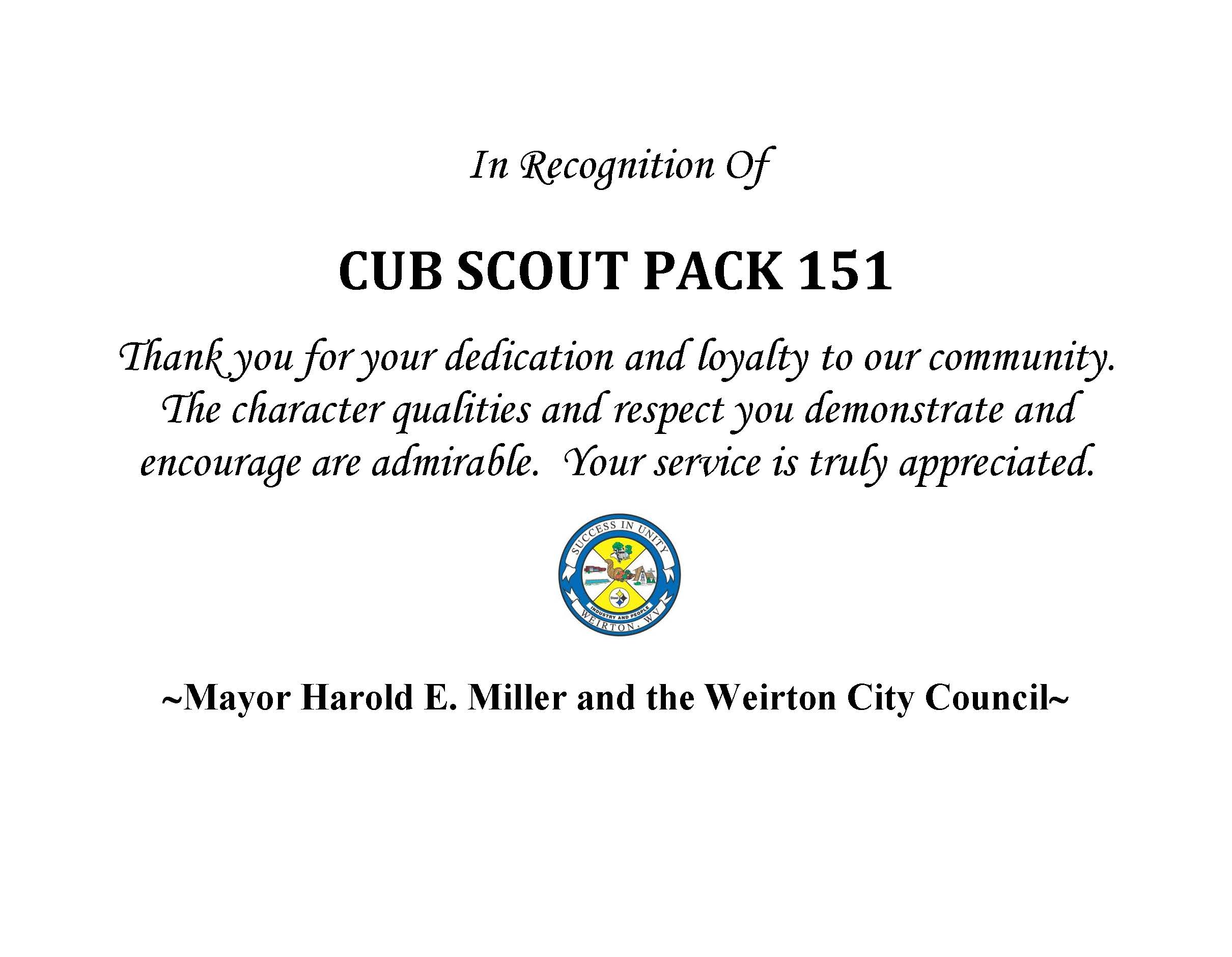Certificate of Recognition Cub Scout Pack 151 2022