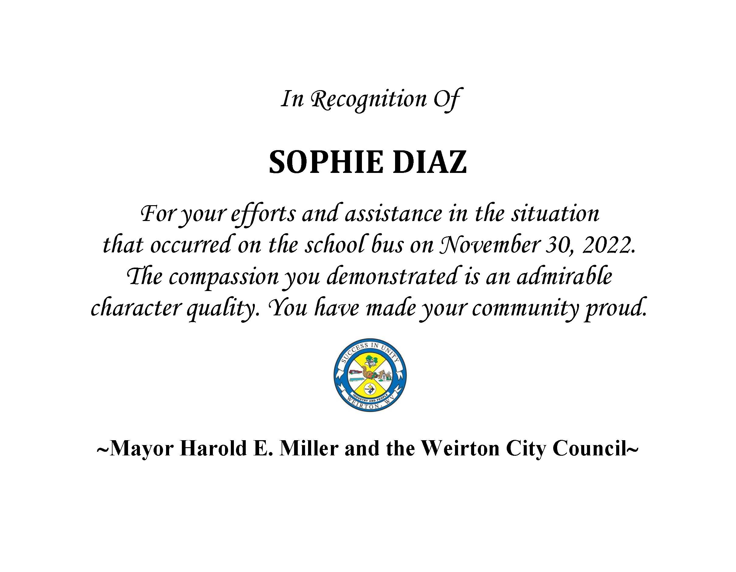 CERTIFICATE OF RECOGNITION Pitbull Incident Sophie Diaz 2022