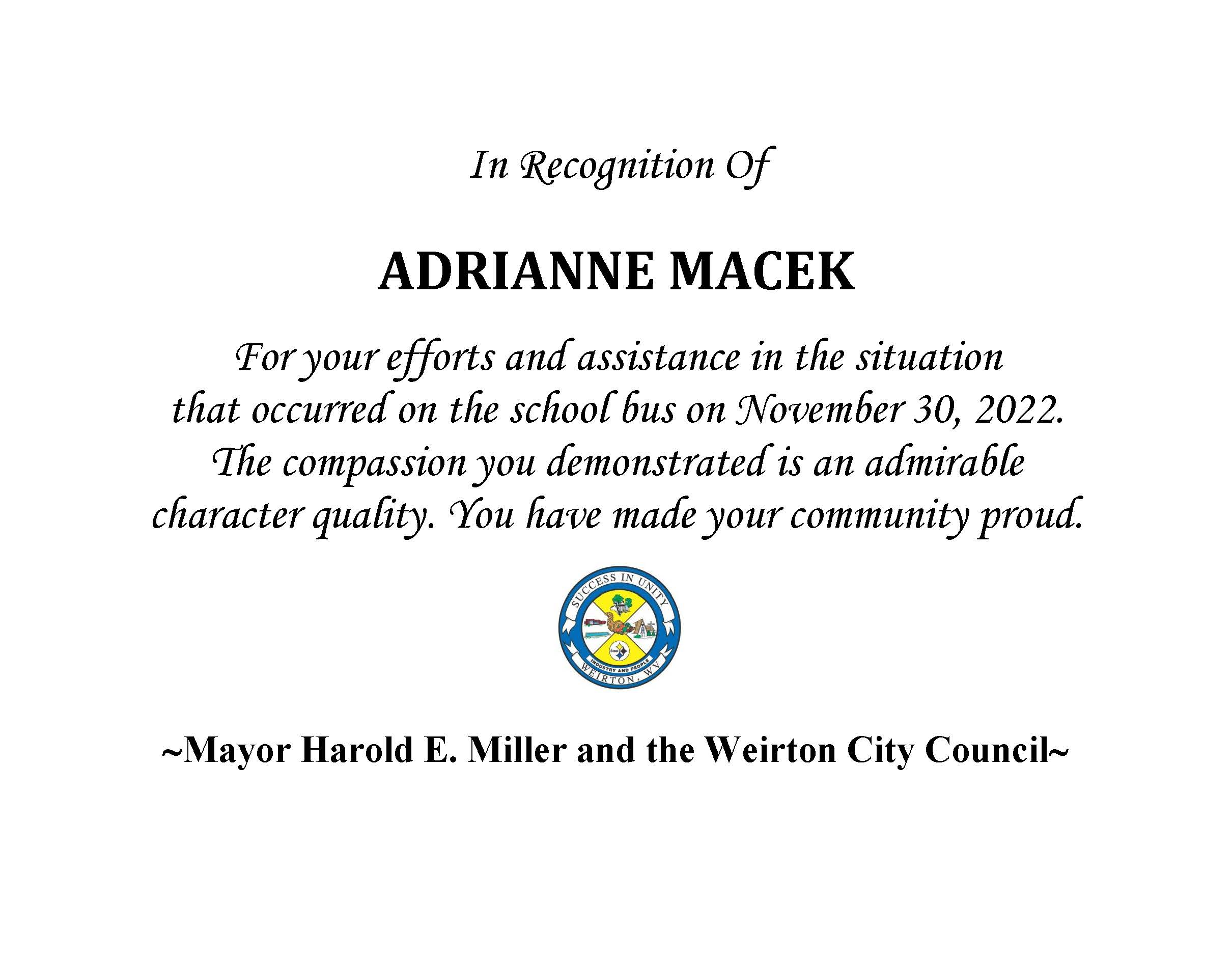 CERTIFICATE OF RECOGNITION Pitbull Incident Adrianne Macek 2022