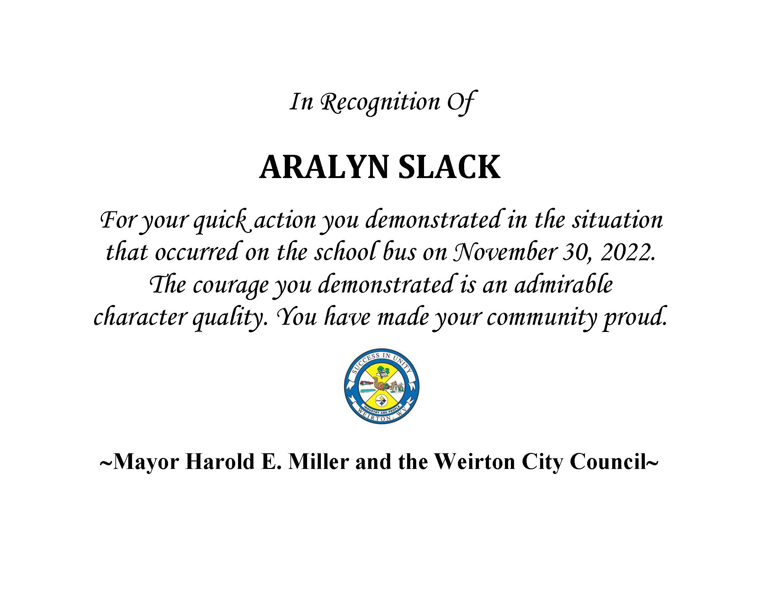 CERTIFICATE OF RECOGNITION Pitbull Incident Aralyn Slack 2022