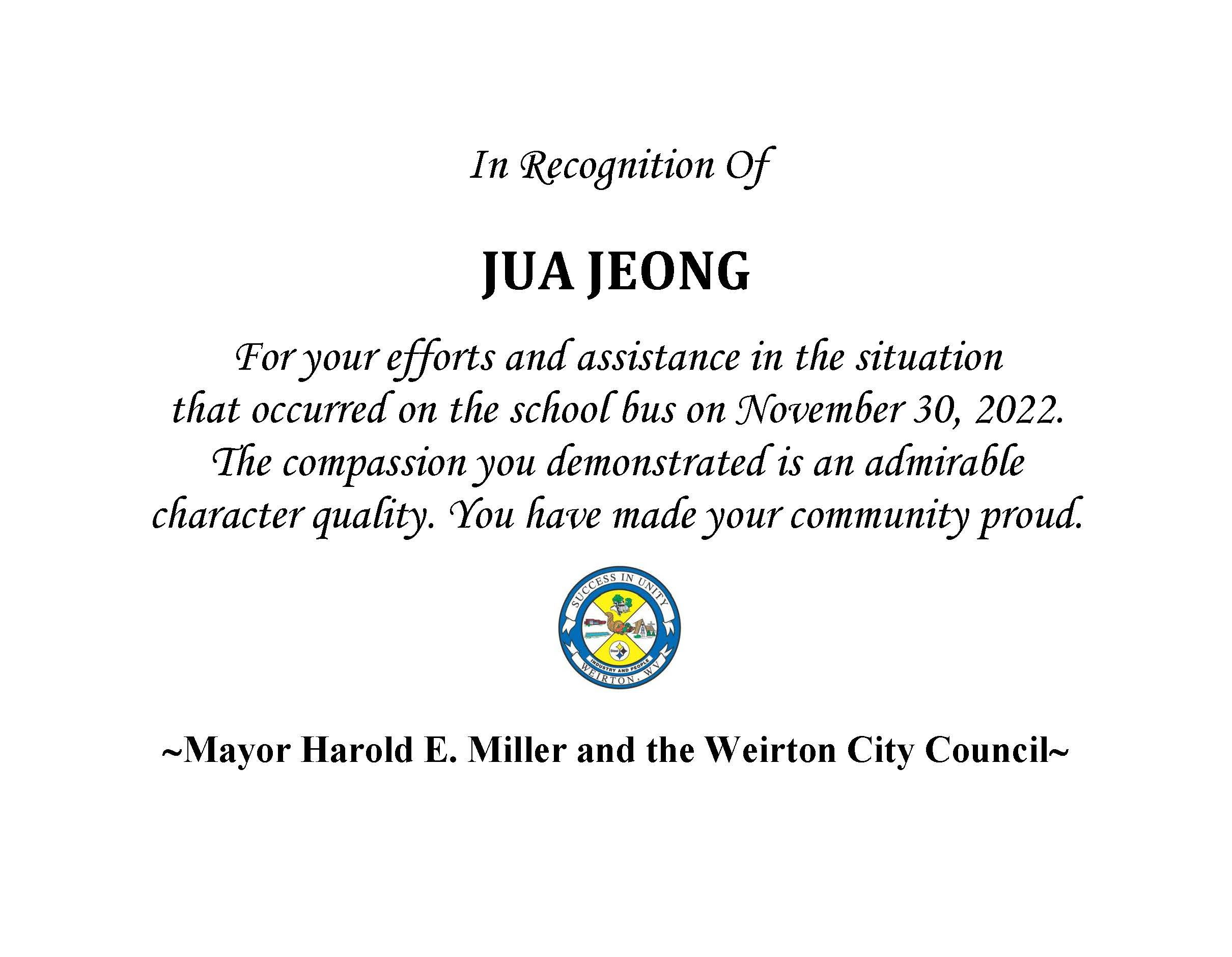 CERTIFICATE OF RECOGNITION Pitbull Incident Jua Jeong 2022 (002)