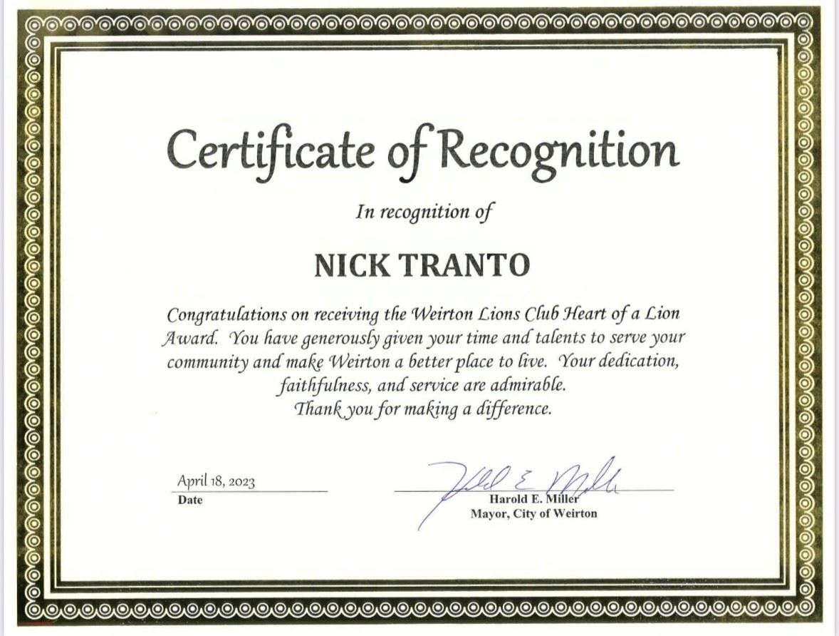 Nick Tranto Certificate