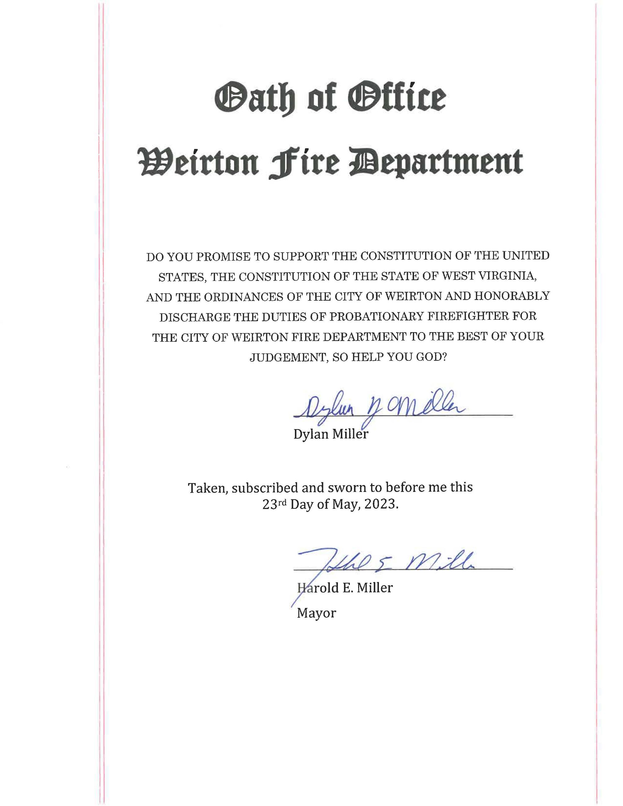 Fire Dylan Miller Probationary Oath 5-23-23