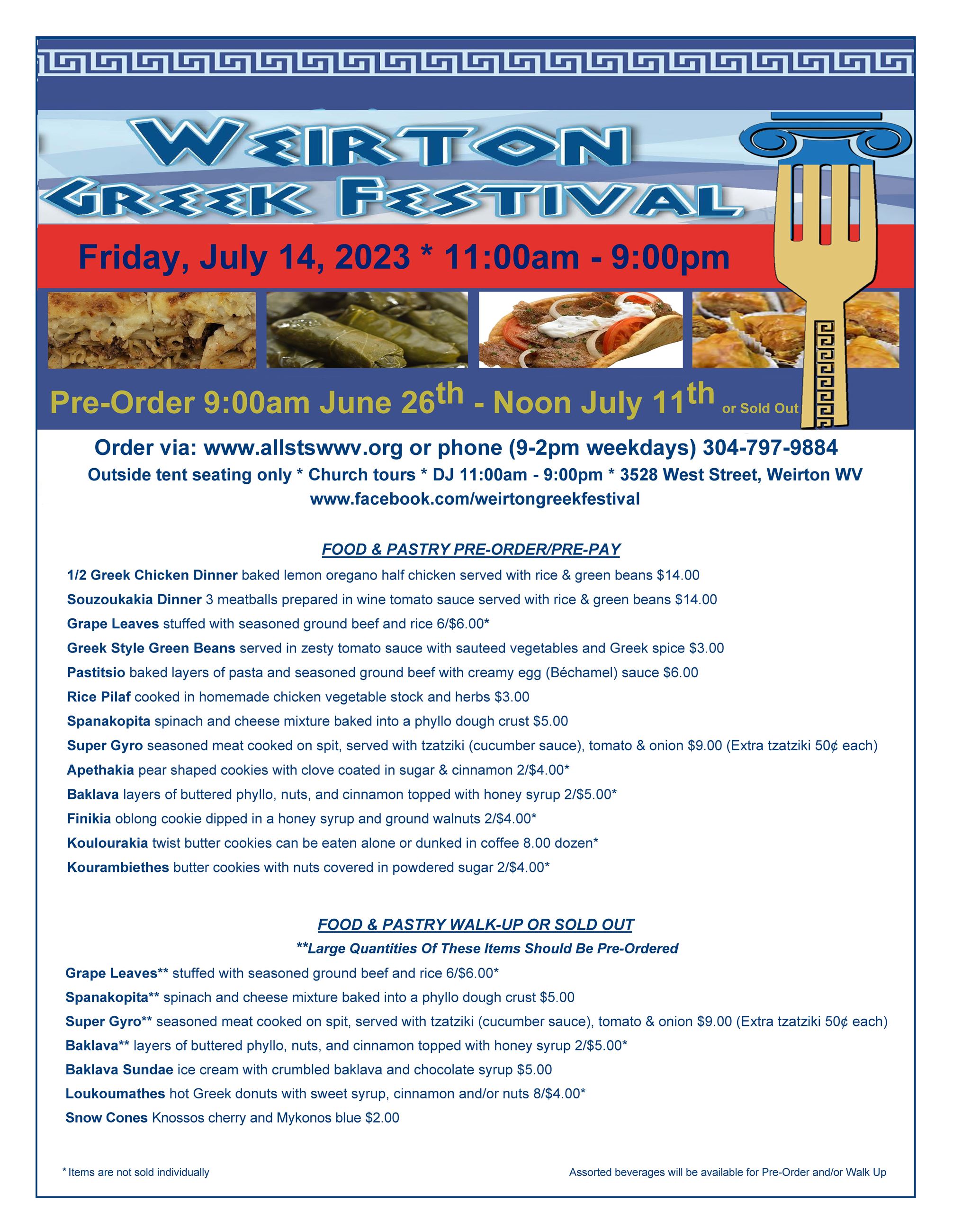 36th Weirton Greek Festival Flyer with Menu 060923