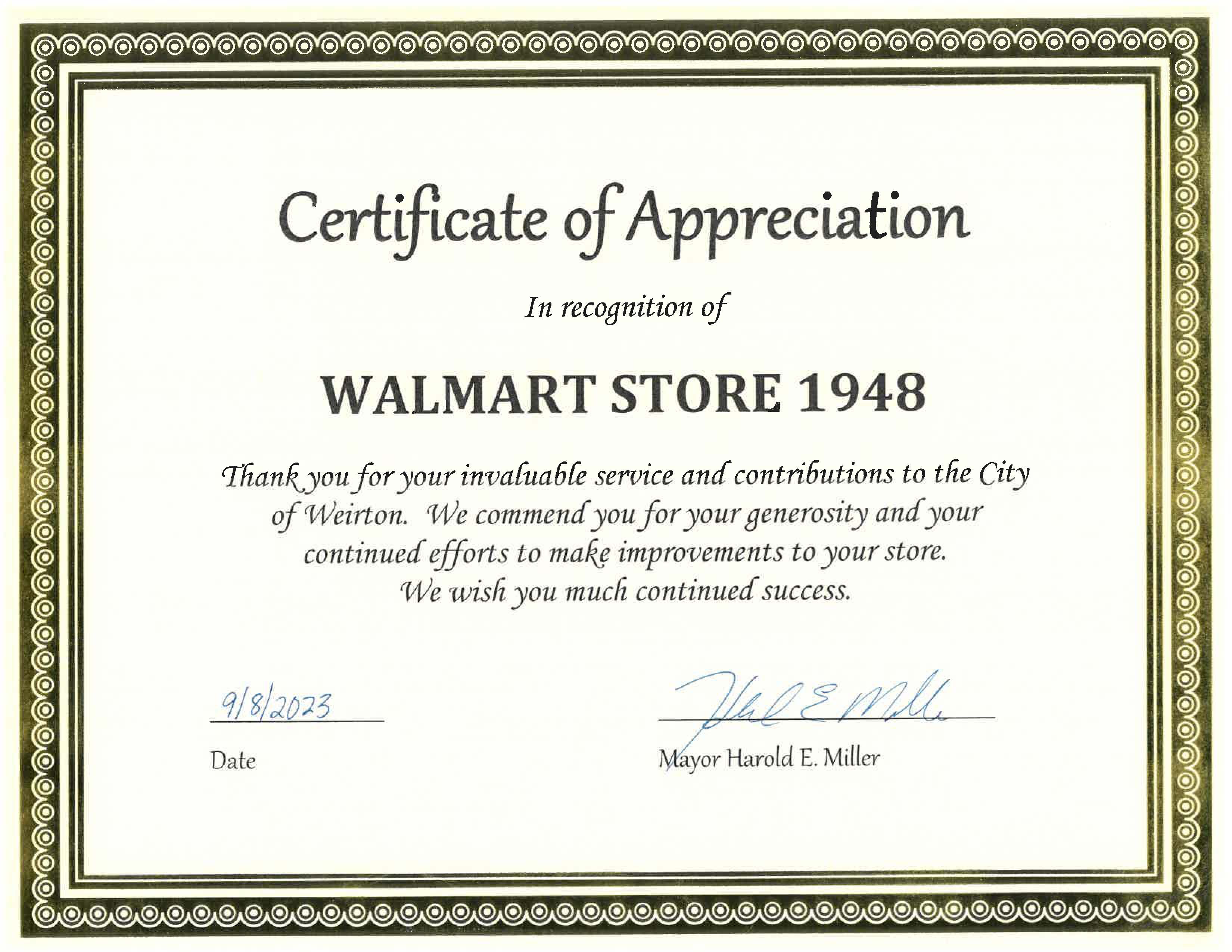 Walmart Certificate Grand Opening 2023