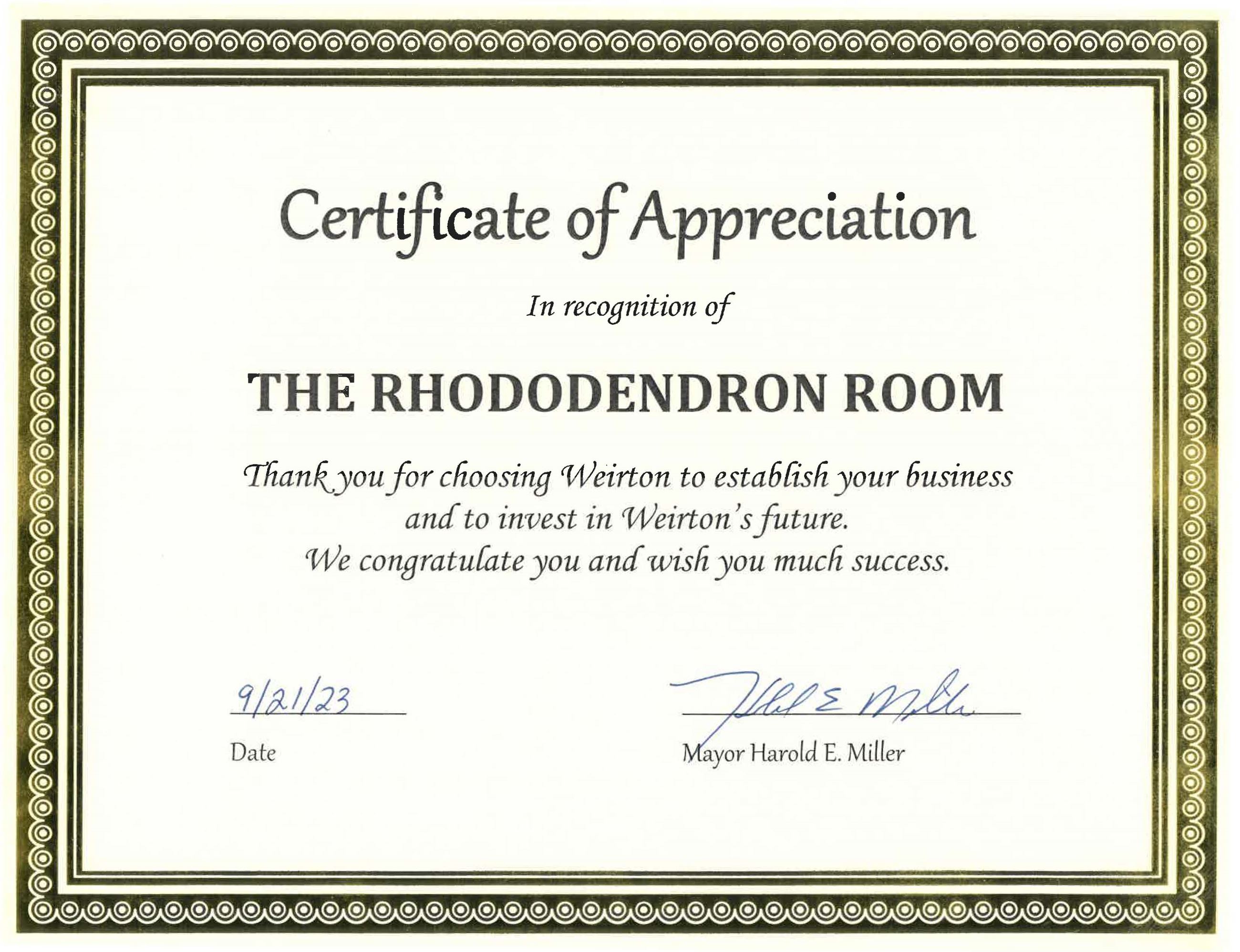 Rhododendron Room Certificate 2023