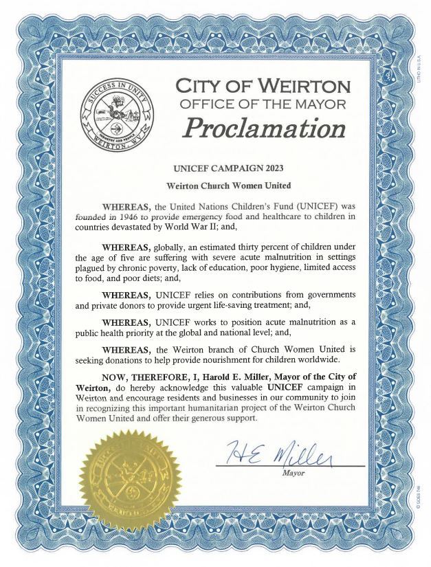 Unicef Weirton Church Women United Proclamation 2023