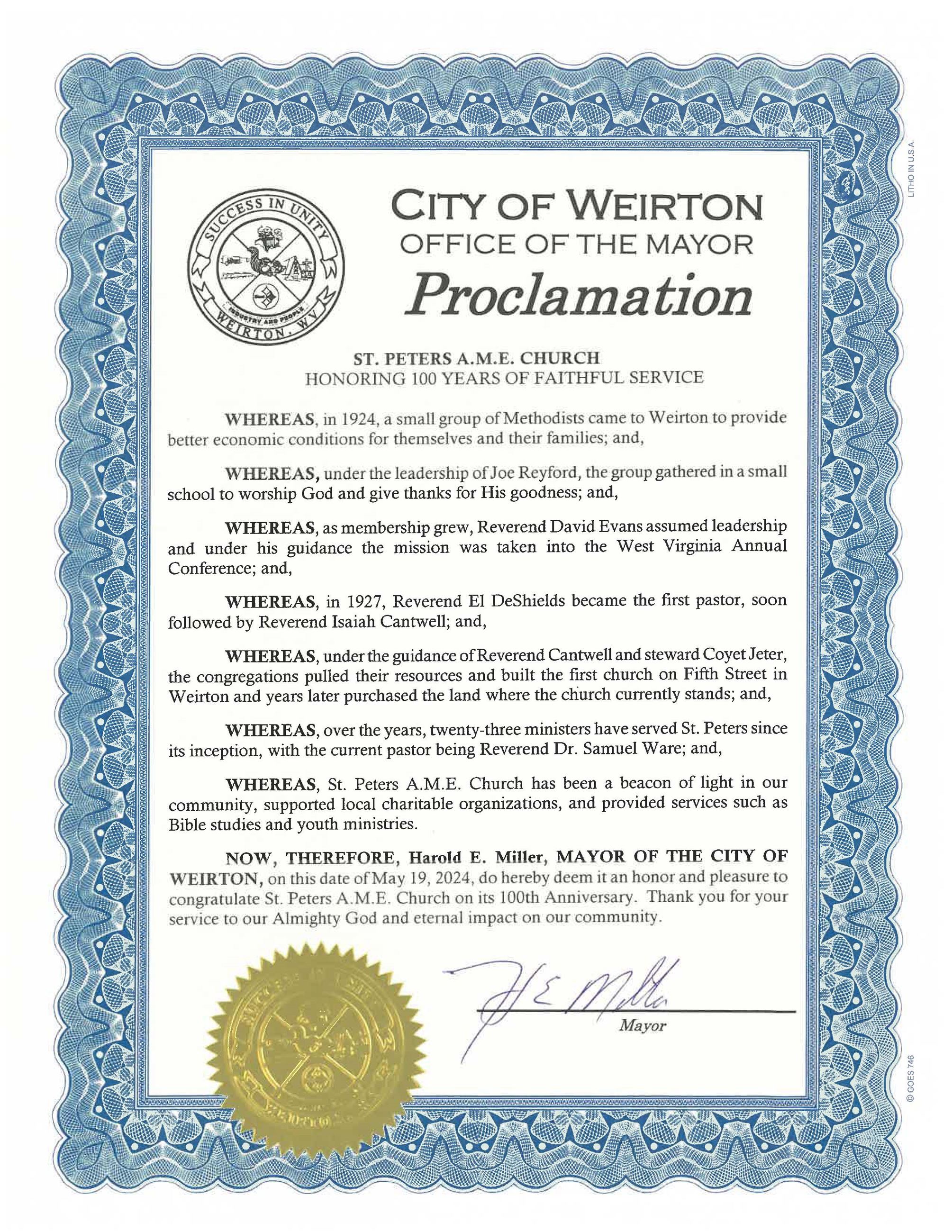 St Peters Church 100 Year Anniversary Proclamation 2024